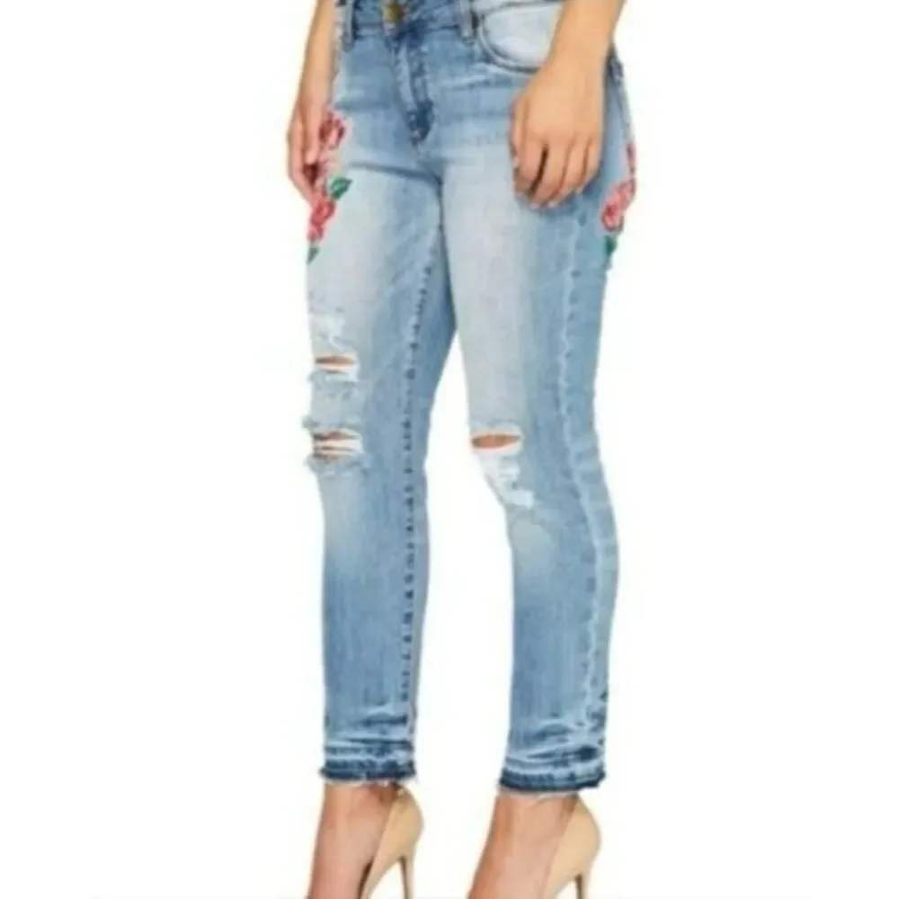 Kut From The Kloth Size 6 Reese Ankle Straight Jeans Rosette Floral Embroidered